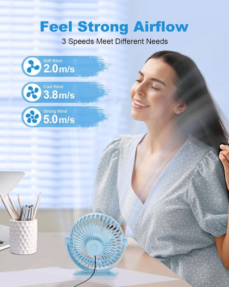 TriPole Small Desk Fan USB Powered Mini Portable Fan, 3 Speeds Strong Breeze Electric Fans, 360° Rotation Quiet Plug In Personal USB Cooling Fans for Desktop Bedroom Office Table Travel Cruise, Blue - Image 3